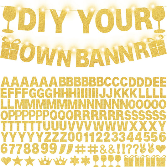 175Pcs DIY Glitter Customizable Banner Kit Custom Banner Happy Birthday Personalized Letter Banners Decor for Christmas Baby Shower Birthday Party Decorations Supplies(Glitter Gold）