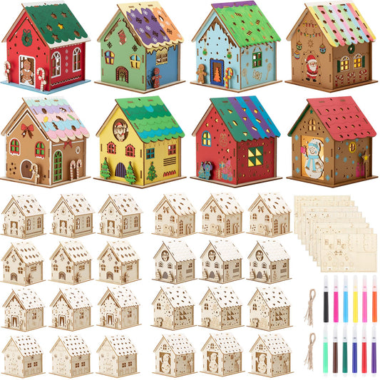Threehoney 24 Sets DIY Wooden Christmas Houses and Watercolor Pens Gingerbread House Kit Wooden Christmas Village Make Your Own 3D Graffiti Crafts for Activity Creative DIY Art Winter Table Decor