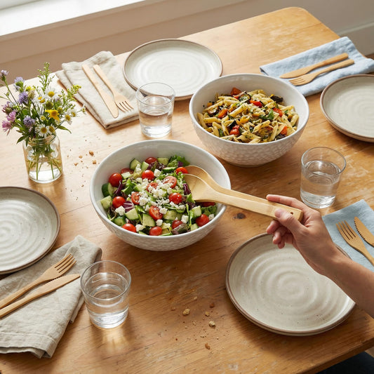 Wgtalation Large Ceramic Dinner Bowl Set - 2-Piece Handmade Salad Bowl Set, 58 oz Each, Dishwasher and Oven Washable, Vanilla White 9.5”