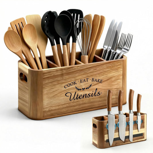 Eclove Acacia Wood Utensil Holder for Kitchen Countertop, Extra Large Wooden Utensil Organizer with Magnetic Knife Strip, 4 Compartment Farmhouse Kitchen Tool Caddy and Silverware Storage
