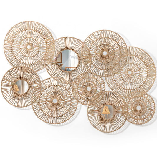Yerliker 9 Pack Wicker Jute Wall Decor Baskets - Wicker Woven Jute Wall Mirrors Baskets Decorative Boho Hanging Woven Basket, Rustic Round Mirrors Natural Home Decor Set for Bedroom Living Room
