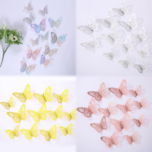 3D Butterfly Wall Decor 48 Pcs - 4 Colors, 3 Sizes, Gold Silver Laser Rose Decorations for Birthday, Party, Cake - Removable Sticker (Style-G)