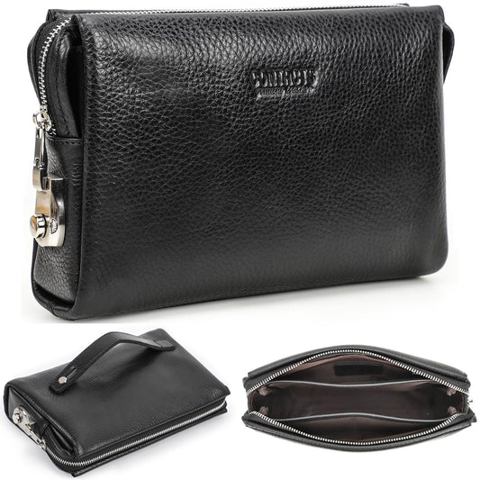 Top Grain Genuine Leather Handbag Wallet for Man & Woman, Handmade Retro Design, Combination Lock & Retractable Hand Strap & Multi Pockets/Slots, Portable RFID for Cards/Checks/Phone/Banknote, Black