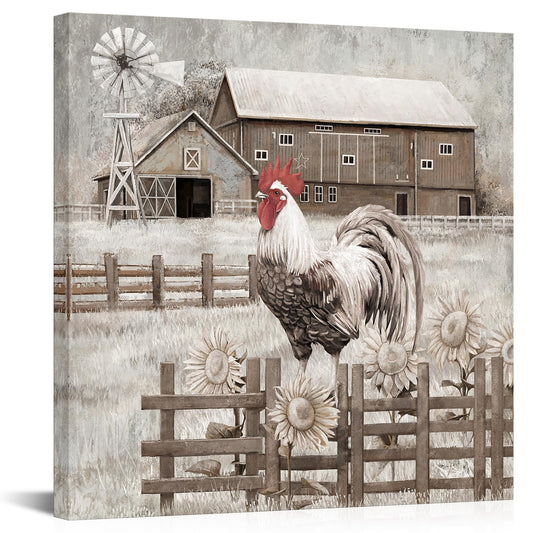 WELMECO Chichen Farmhouse Wall Art Rooster Painting Country Wall Decor Framed Artwork Farm Decor Picture 24x24inch