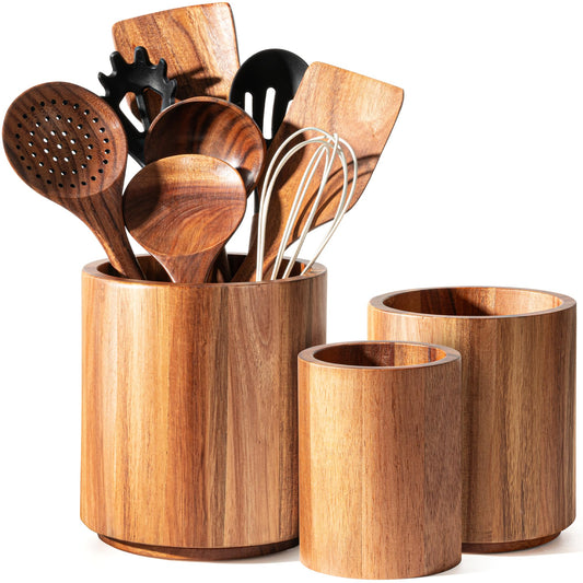 Criusia Utensil Holder 3 Pack, 360° Rotating Acacia Wood Cooking Utensil Crocks for Kitchen Counter, Farmhouse & Modern Decor, (1 Large, 1Medium, 1 Small)