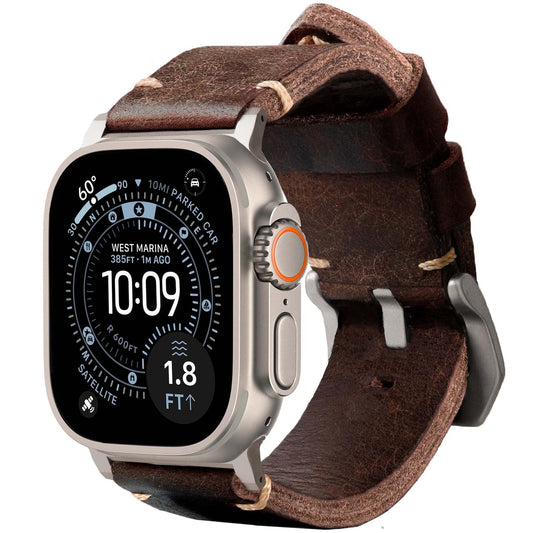 ROBUST Genuine Leather Watch Band for Men - Compatible with Apple Watch Bands 49mm - Replacement Strap for iWatch Ultra 2/1 SE, SE 2 Series 10 9 8 7 6 5 4 - Brown Leather With Natural Titanium Buckle