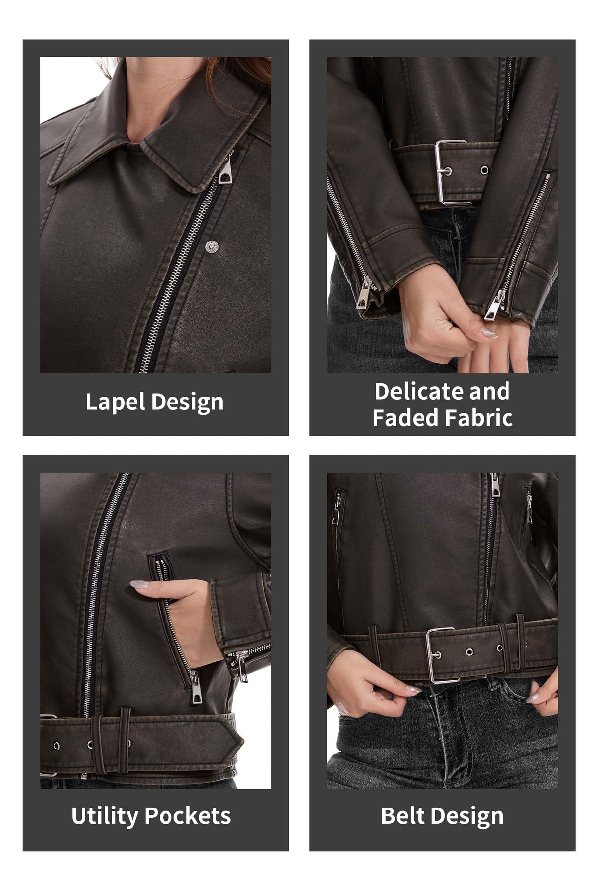 Fahsyee Women's Faux Leather Jacket, Moto Belted Biker Coat, Black XXL
