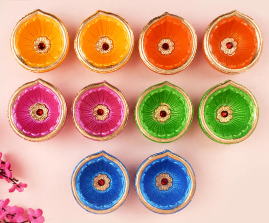 Craftsman Multicolor Clay Diya Oil Lamp Pack of 10, Terracotta Traditional Puja Light for Diwali, Navratri, Housewarming Decor