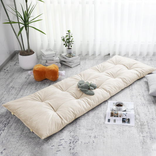HOMBYS Floor Lounger Pillow Foldable and Tufted Design Long Floor Cushion for Yoga, Reading, Sleeping, Meditation, Elastic Band for Roll Up and Easy Storage, Machine Washable (Beige, 62"x27")