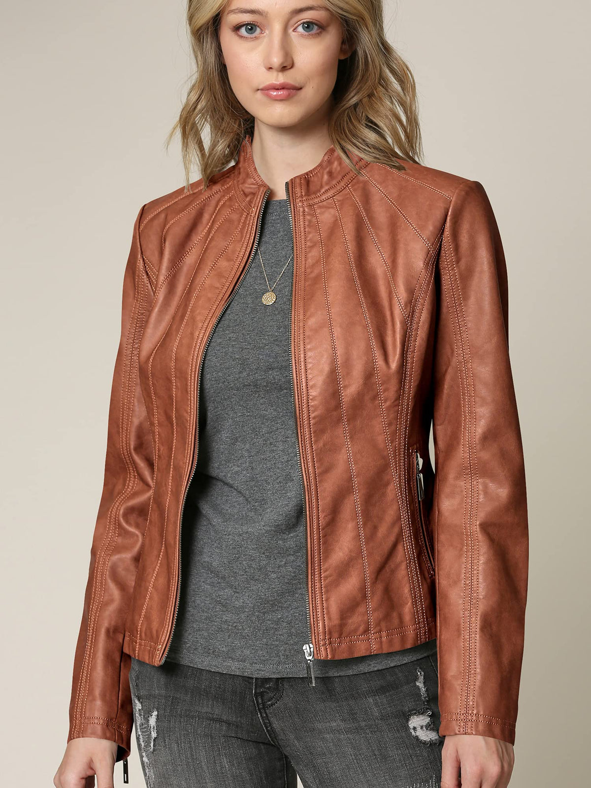 Lock and Love LL WJC877 Womens Panelled Faux Leather Moto Jacket L Camel
