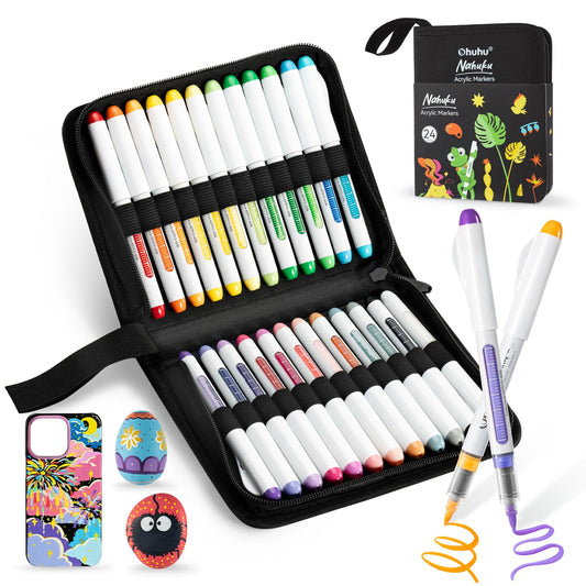Ohuhu Acrylic Paint Markers Brush Tip 24 Colors Automatic Ink Control Acrylic Markers High Opacity Paint Pens for Rock Painting 3D Prints Easter Eggs Wood DIY Crafts - Nahuku