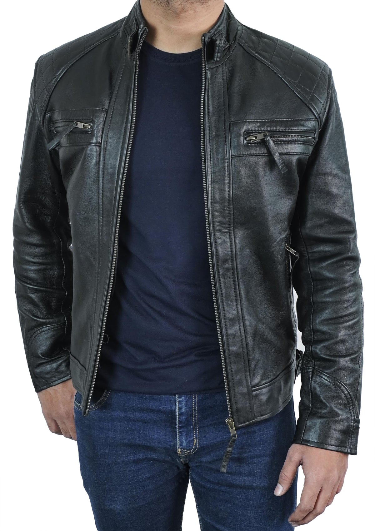 STOREJEES Mens Black Leather Jacket | Diamond Black - XS