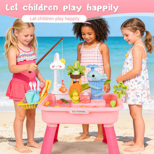 Mobelixy Upgraded Toddler Sand Water Table Toy with Electric Water Pump, Kids Sand Water with Faucet/Play Food Accessories/Fishing Toy, Kitchen Play Sink Toys for Girl Boy Age 3+ (Pink)