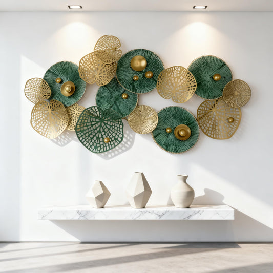 Large 3D Metal Wall Art, 50"L x 26"W Modern Blue & Gold Lotus Leaf Wall Sculpture, Luxury Coastal Home Decor for Living Room Bedroom, Elegant Gift for Housewarming Wedding Mother's Day for Homeowners