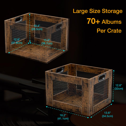 TEMI Vinyl Record Storage Crate – Large Wooden Record Holder for 70+ Albums – Industrial-Style Record Organizer and Durable Record Storage Solution for Home or Studio, Set of 2
