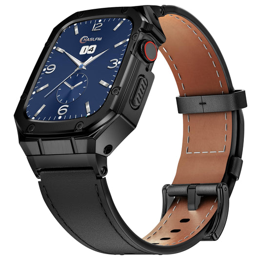 HASLFM Stainless Steel Case and Leather Band Compatible with Apple Watch 45mm for Men,Genuine Leather Apple Watch Strap and Metal Cover for iWatch Series 9 8 7,Black
