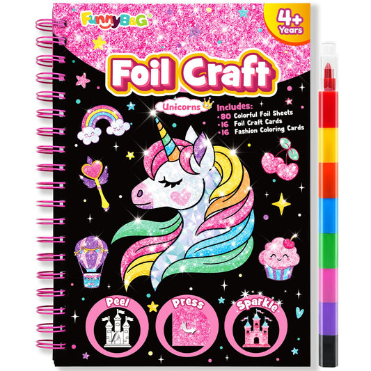 FUNNYB&G Foil Art Craft Kit for Girls 4-10 Years Old: Mess-Free & No-Glue, Create 16 Sparkly Unicorns Pictures – Perfect Travel Toy & Birthday Gift for Kids（Unicorns）