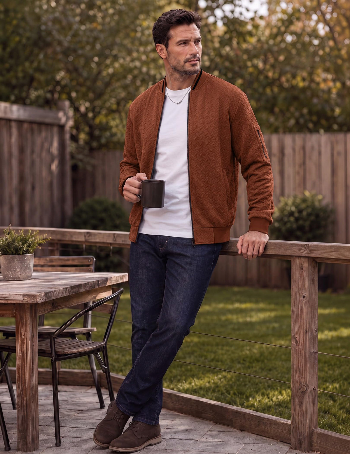 JMIERR Men's Textured Full Zip Bomber Jacket Multi Pockets,Brown,2XL