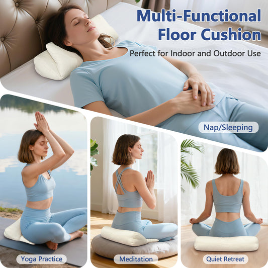 Meditation Cushion for Sitting on Floor, Organic Yoga Bolster Pillows White Meditation Seat Pad, 2-IN-1 Design Ergonomic Sleep Yoga Mat Foldable, Floor Cushion for Adults Back Support Washable