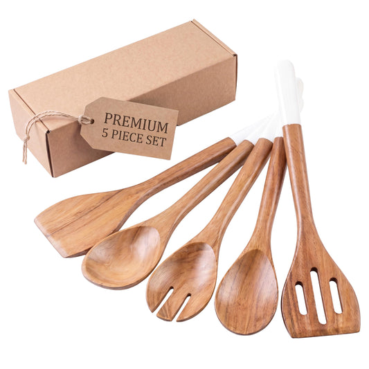 INTAJ Wood Kitchen Utensil Set – Handmade Wooden Spoons & Spatula for Cooking and Serving 5-Piece Acacia – Durable, Smooth Surface & Gentle on Cookware – Easy to Clean Kitchen Tools