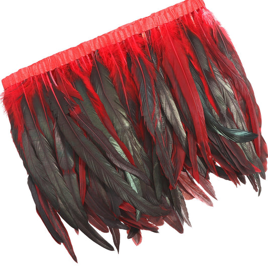 AWAYTR Rooster Hackle Feather Trim 10-12 inches Width for DIY Sewing Crafts Pack of 1 Yard (Red&Black)
