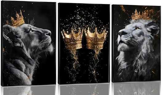 3 Pieces Lion Canvas Wall Art Golden crown with lion Poster print Modern Motivational Black And White Lion Pictures Wall Decor for Living room Office Decoration Unframed