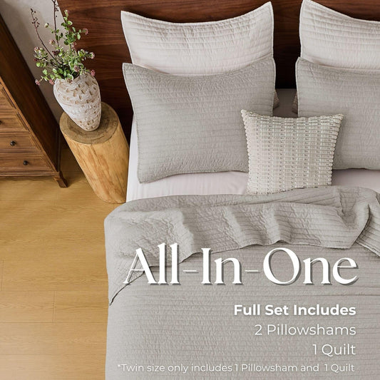 DOWN HOME Queen Quilt Bedding Set with Shams, Vintage Washed Soft Quilted Blanket Thin Comforter Lightweight Bedspread Coverlet Bed Cover, Brushed Microfiber Stripe Stitching, Light Gray, 86"x90"