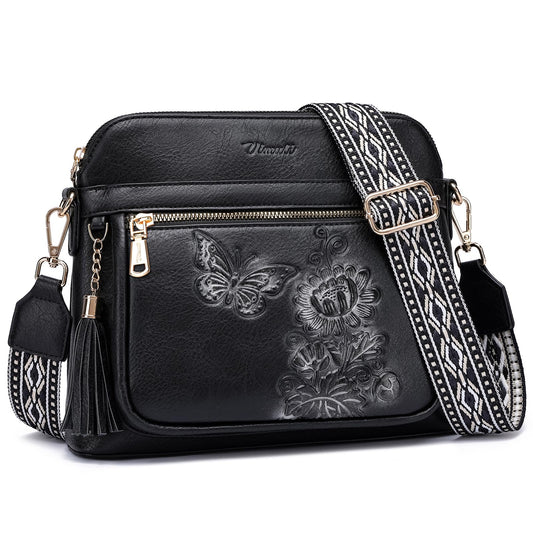 VIMUTI Crossbody Bags for Women Trendy, Lightweight Purses for Women Embossed Design Shoulder Handbags with Guitar Strap (Black)