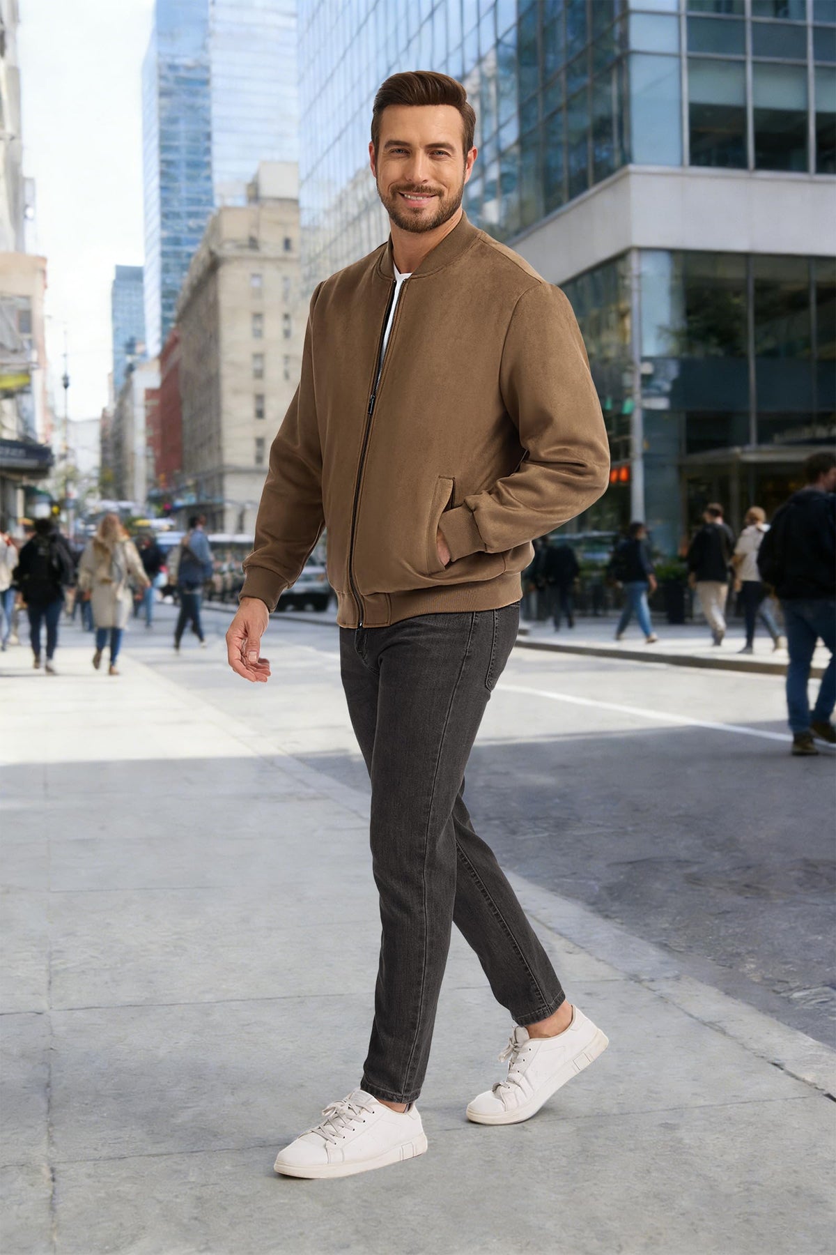 Fahsyee Men's Faux Suede Bomber Jacket, Casual Lightweight Varsity Style Full Zip Up Leather Coat Brown L
