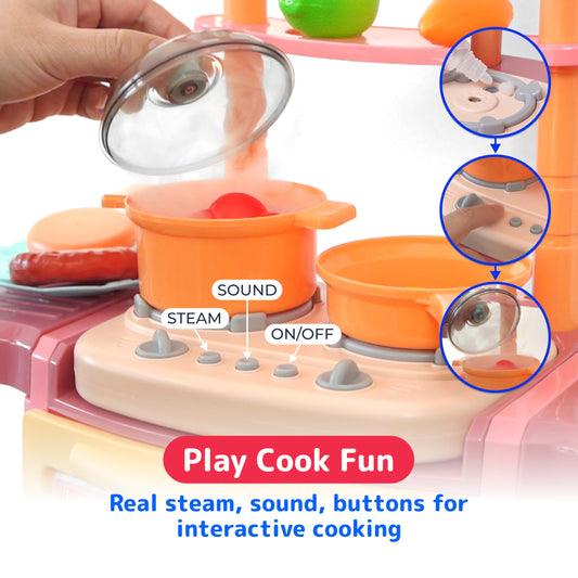 Prextex Plastic Pretend Girls Play Kitchen Set - Multi-Color Kitchen Playset with Dishwasher and Oven - Stove with Lights and Sounds - Working Faucet with Water Circulation
