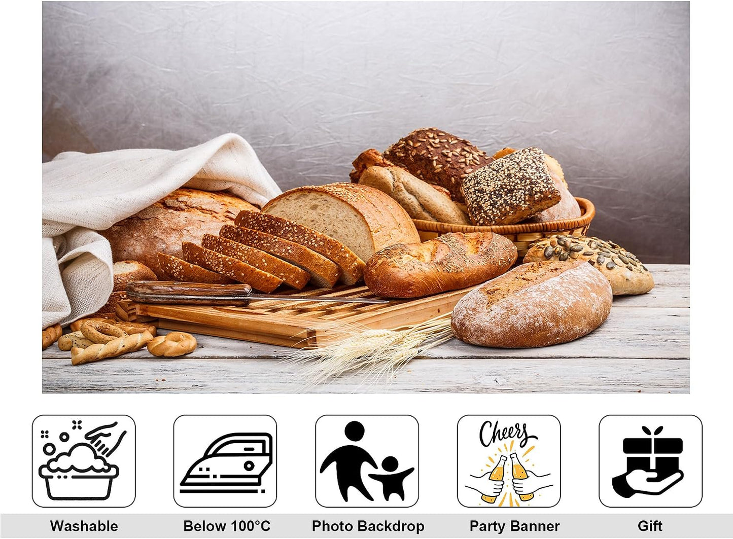 KeyWork 10x7ft Artisan Bread Assortment Backdrop Fresh Bakery Photography Background for Party Food Themed Gathering