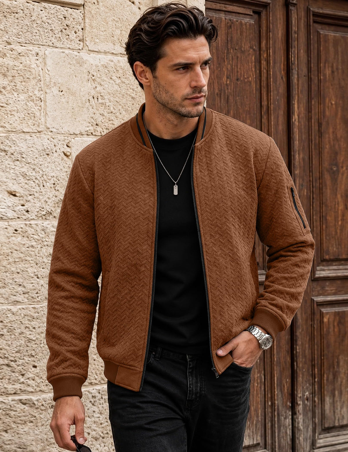 JMIERR Men's Textured Full Zip Bomber Jacket Multi Pockets,Brown,2XL