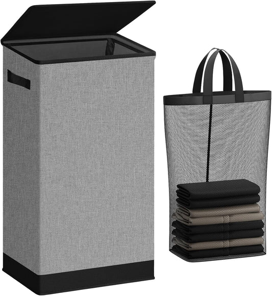 SOLEDI Laundry Hamper - 100L Collapsible Clothes Basket with Lid & Removable Bag | Grey