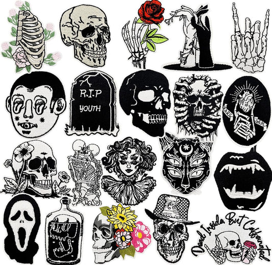 20 PCS Goth Iron On Patches Gothic Punk Cool Skull Rose Sew On Applique Embroidered Patches for Backpacks Pants Clothes Jeans Vests DIY Decoration Bags Hat Jackets Coat Uniforms Dress