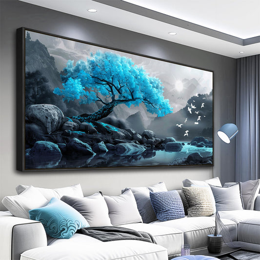 ZUITINGHUA Large Black Framed Wall Decor For Living Room Canvas Wall Art For Office Modern Wall Decorations For Bedroom Blue Tree Landscape Painting Farmhouse Pictures Artwork Home Decor 24x48 In