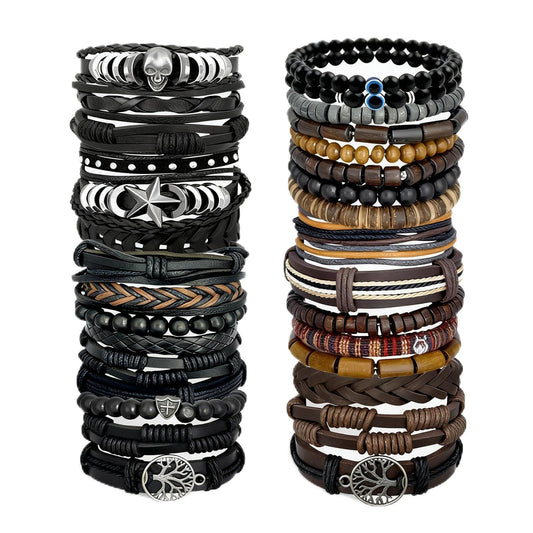 31Pcs Braided Leather Bracelets for Men Women Punk Wrap Cuff Bracelets Hemp Cords Wood Beads Ethnic Tribal Handmade Wrap Wristband Gothic Evil Eye Bracelets Set Adjustable Skull Skeleton Accessories