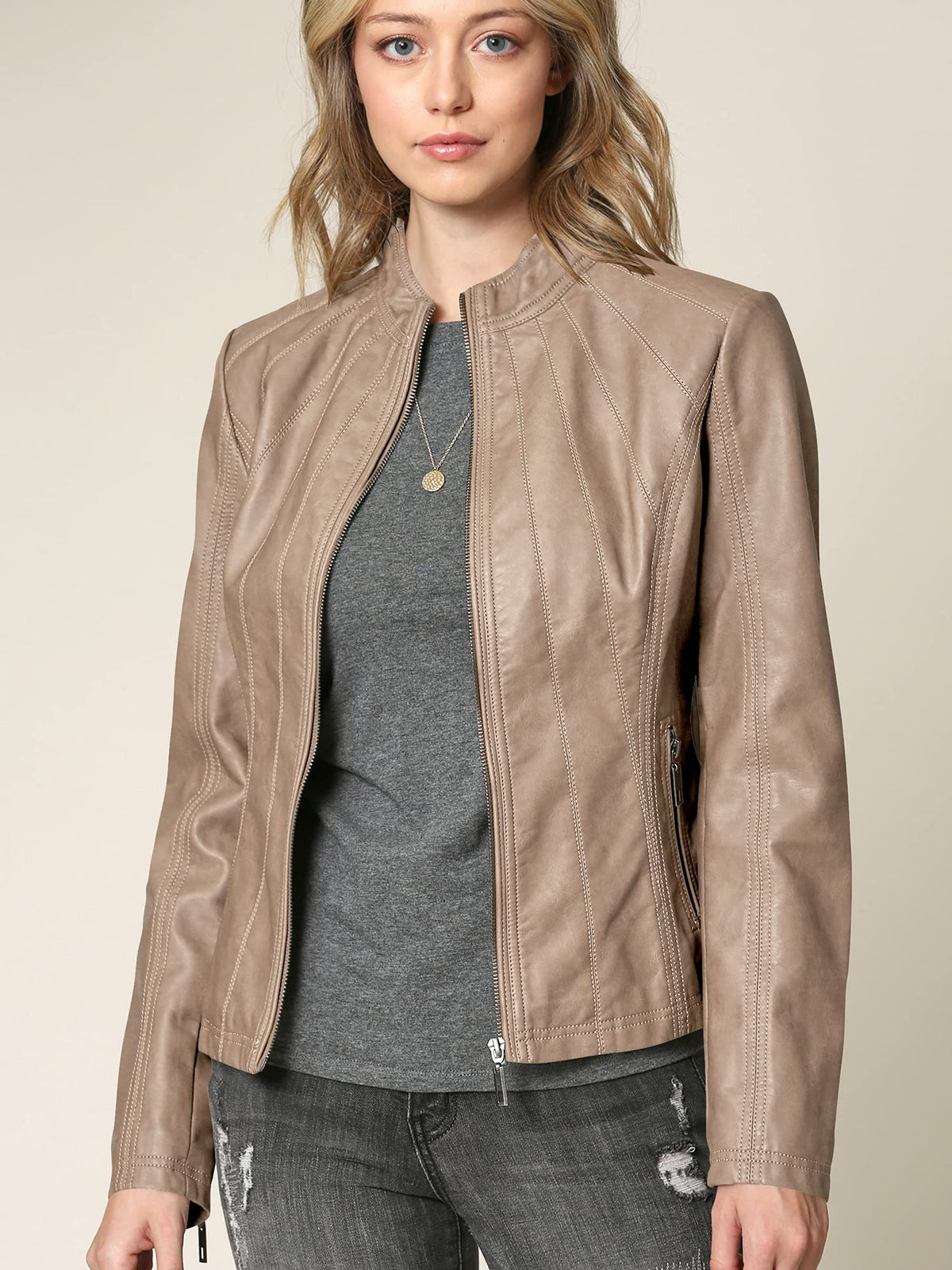 Made By Johnny MBJ WJC877 Womens Panelled Faux Leather Moto Jacket XL Khaki