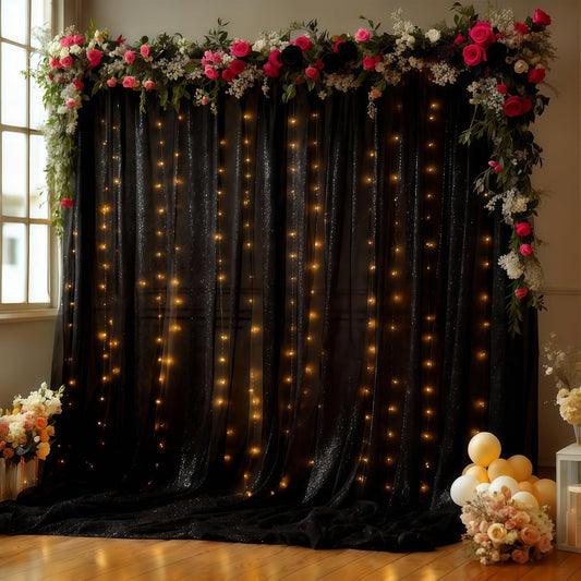 Wish Care 10x10FT Black Wrinkle Free Backdrop Curtains with Lights String for Parties - Photo Curtain Backdrop