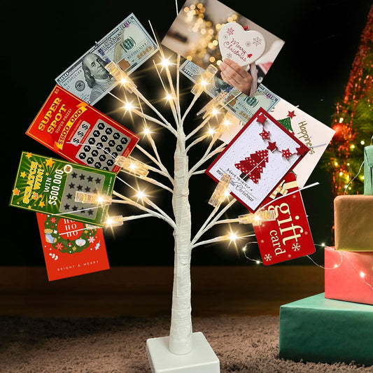 2Ft Money Tree Gift Holder with 24 LED Lights & 12 Clips, Battery/USB Powered Lighted Birch Tree for Displaying Cards, Photos - Ideal for Christmas, Wedding, Birthday, Graduation Decor