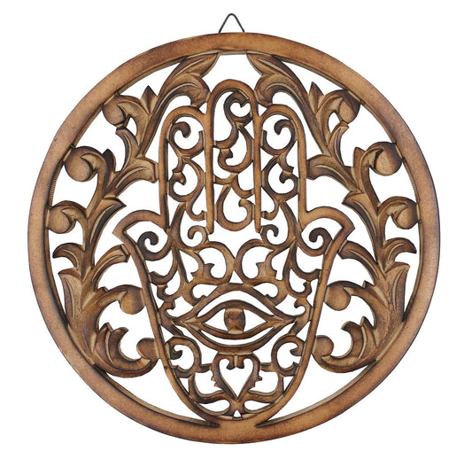 DharmaObjects Handcrafted Hamsa Hand Of Fatima Home Blessing Protection Wooden Rustic Wall Mounted Decor Hanging Art (Brown)