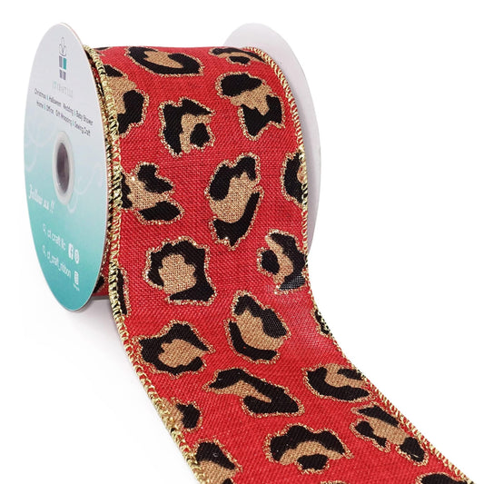 CT CRAFT LLC Burlap Leopard Fabric Wired Ribbon 2.5" x 10 Yards Red with Black and Gold Color for Christmas Home Wedding Decor Gift Wrapping Tree Topper Bow Wreath Bouquet DIY Crafts
