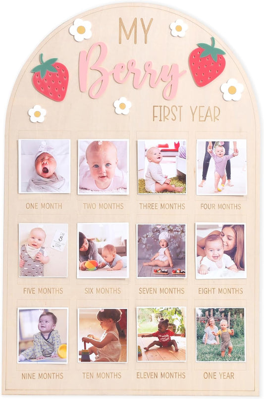 1st 1 12 WAOUH Berry First Year Photo Wood Board - Strawberry Birthday Decorations,Strawberry to Months Photo