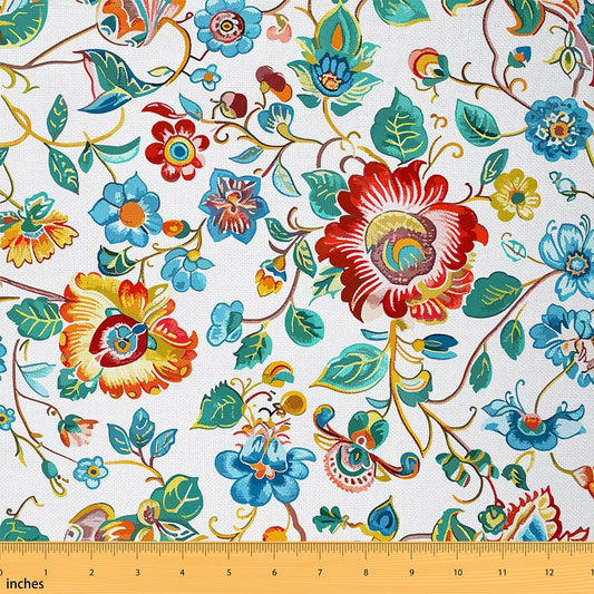 Paisley Flowers Fabric by The Yard,Boho Style Exotic Soft Flannel Polyester No Stretch Fabric,Tribal Floral Bohemia Decorative Fabrics,White Green Blue Crafts & Sewing Supplies,1 Yard,36" Lx59 W