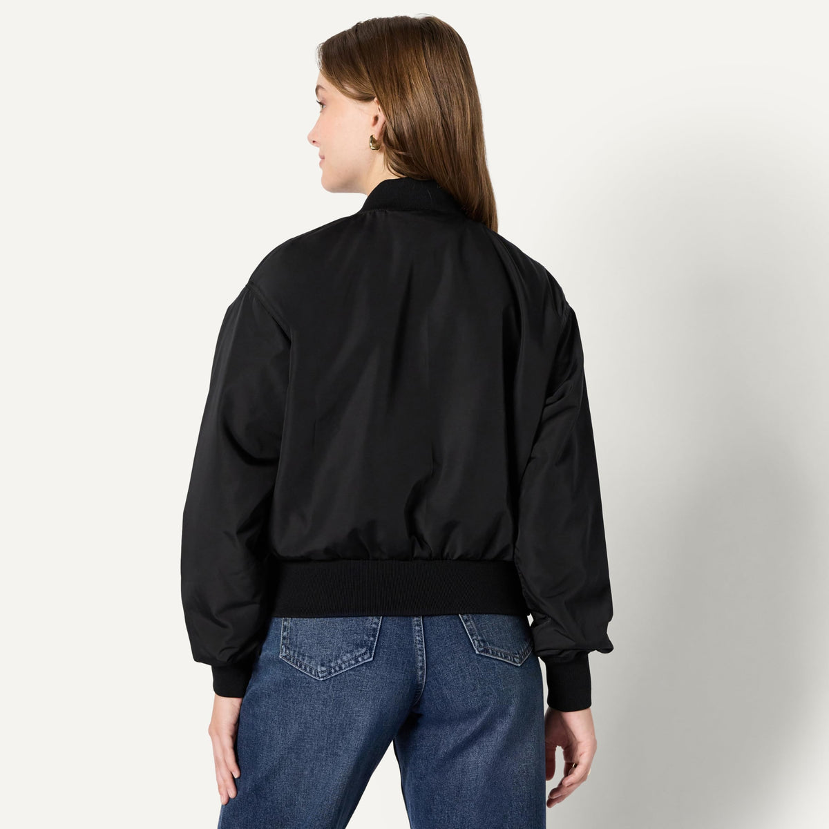Amazon Essentials Women's Relaxed-Fit Denim Bomber Jacket, Black, X-Large