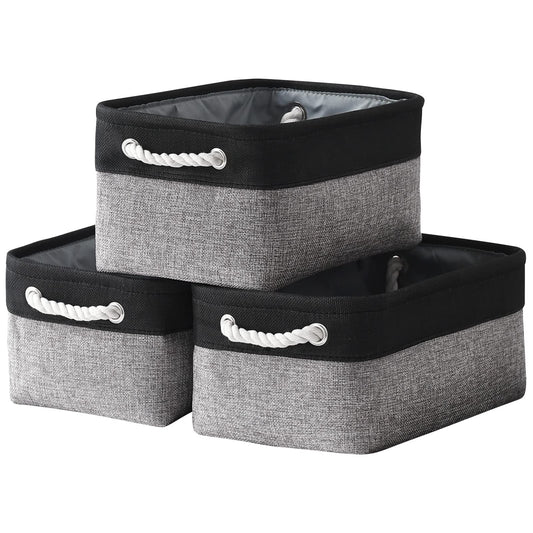 TheWarmHome Storage Basket for Organizing - 14x10x7 inch Medium 3 Pack Collapsible Storage Bin for Shelves with Rope, Fabric Storage Cubes for Organizer Cloth Gift Toy Closet (Black & Grey)