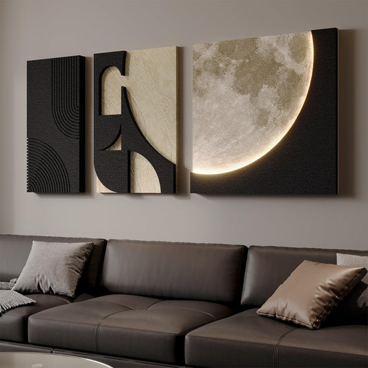 3D LED Abstract Wall Art for Living Room, 3 Piece Neutral Geometric Relief Artwork with Moon Design, Modern Minimalist Black Beige Paintings Wall Decor for Bedroom Dining Room Hallway Entryway Office