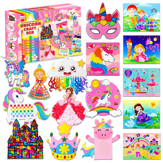 Unicorn Craft Box-12 Projects Fun Arts and Crafts for Kids Ages 4-8,Creative Educational Activity, No Mess Individually Packaged Travel Toys,Party Favors,Birthday Gift for Girls 3 4 5 6 7 8 Years Old