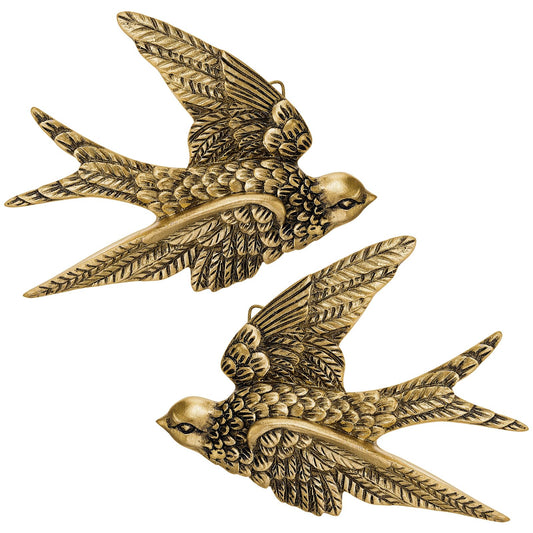 2 Pcs Vintage Bird Wall Sculpture Decor Art 4.7 Inch Antique 3D Sculpted Hanging Bird Resin Wall Art Golden Brass Floating Ornament for Living Room Garden Outdoor, Gifts for Couples Housewarming