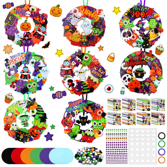 Hollowfly 48 Sets Halloween Wreath Craft Kits for Kids Foam Halloween Wreath Signs Craft Pumpkins Owl Ghost Witch Bats Monster Ornament Decorations Stickers for Art Favors Trick-or-treaters Door Decor