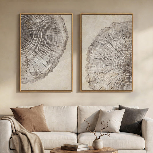 2 Piece Framed Neutral Tree Rings Wall Art for Living Room, Large Modern Wood Grain Canvas Prints Paintings, Farmhouse Nature Wabi Sabi Artwork Decor for Bedroom Hallway 24x36 Inch